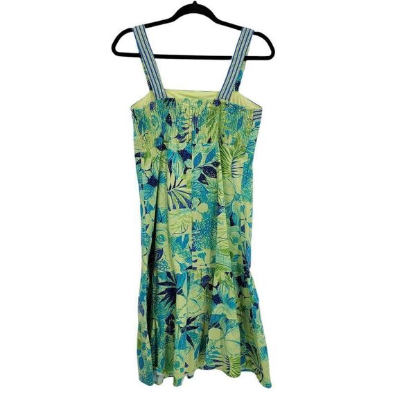 80's Tropical Cotton Tiered Ruffle Drop Waist Prairie Apron Dress‎ Green Sz 8 - Picture 9 of 11